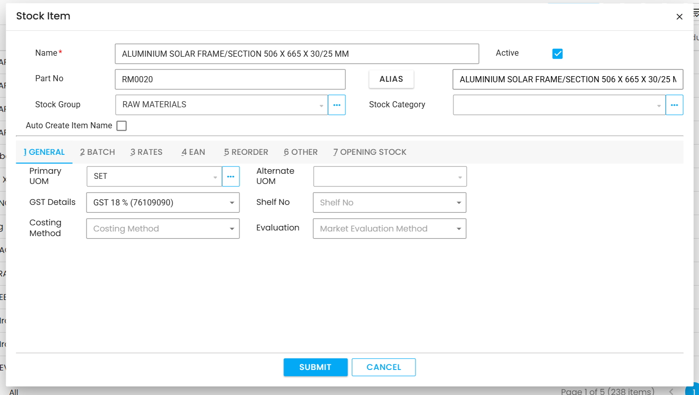 Item master register showing centralized product catalog