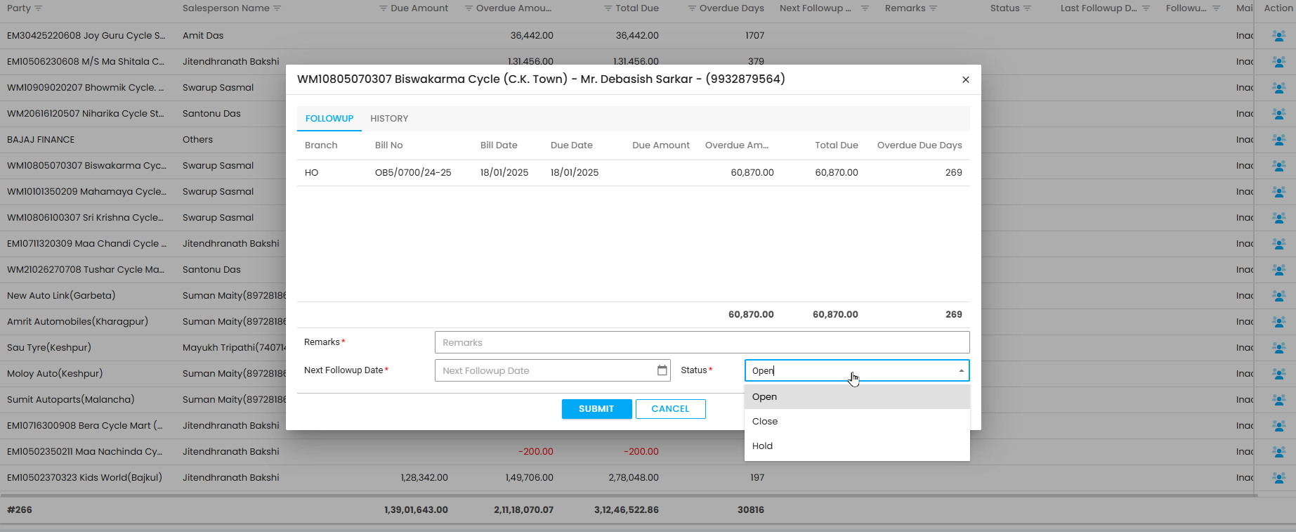 Outstanding follow-up module showing GST reconciliation and pending invoices