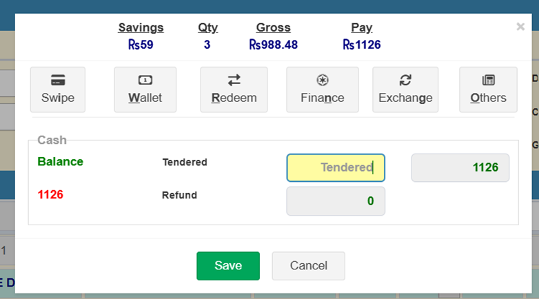 POS sales entry screen showing multi-mode payment and item selection